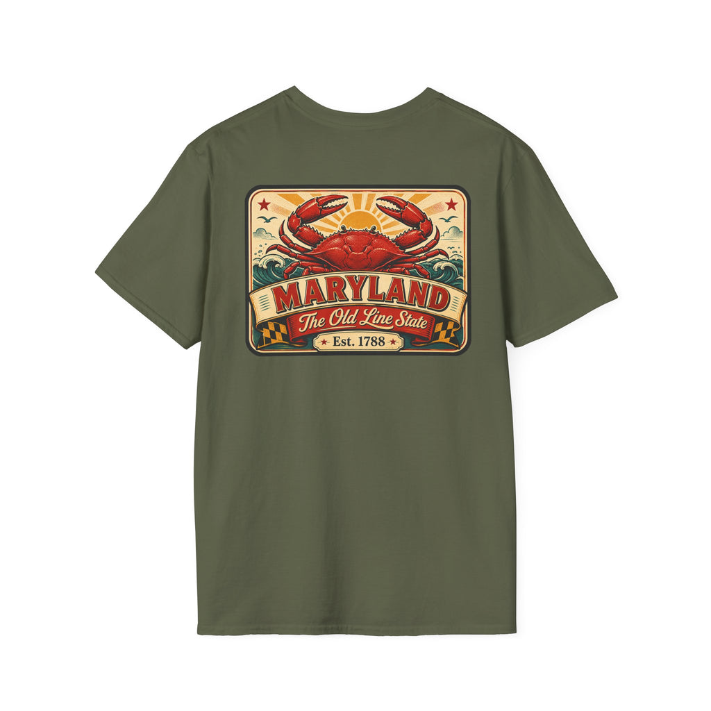 Olive green T-shirt with rectangular crab and Maryland graphic on the chest