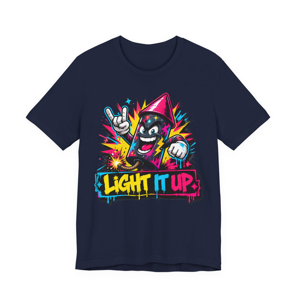 Navy T-shirt with colorful graffiti character “Light It Up” graphic on front.