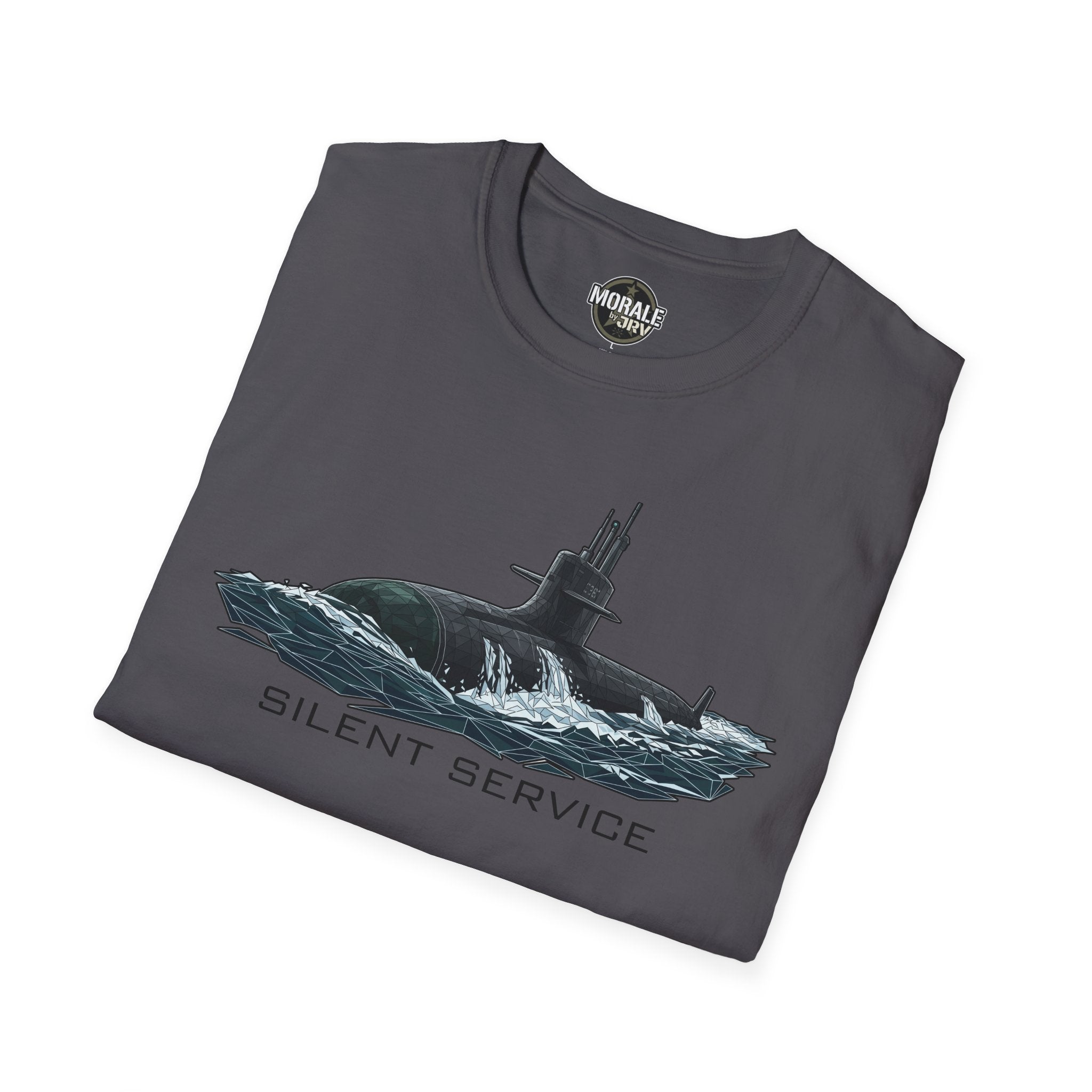 Silent Service submarine graphic T-shirt, charcoal gray, submarine and 'SILENT SERVICE' text