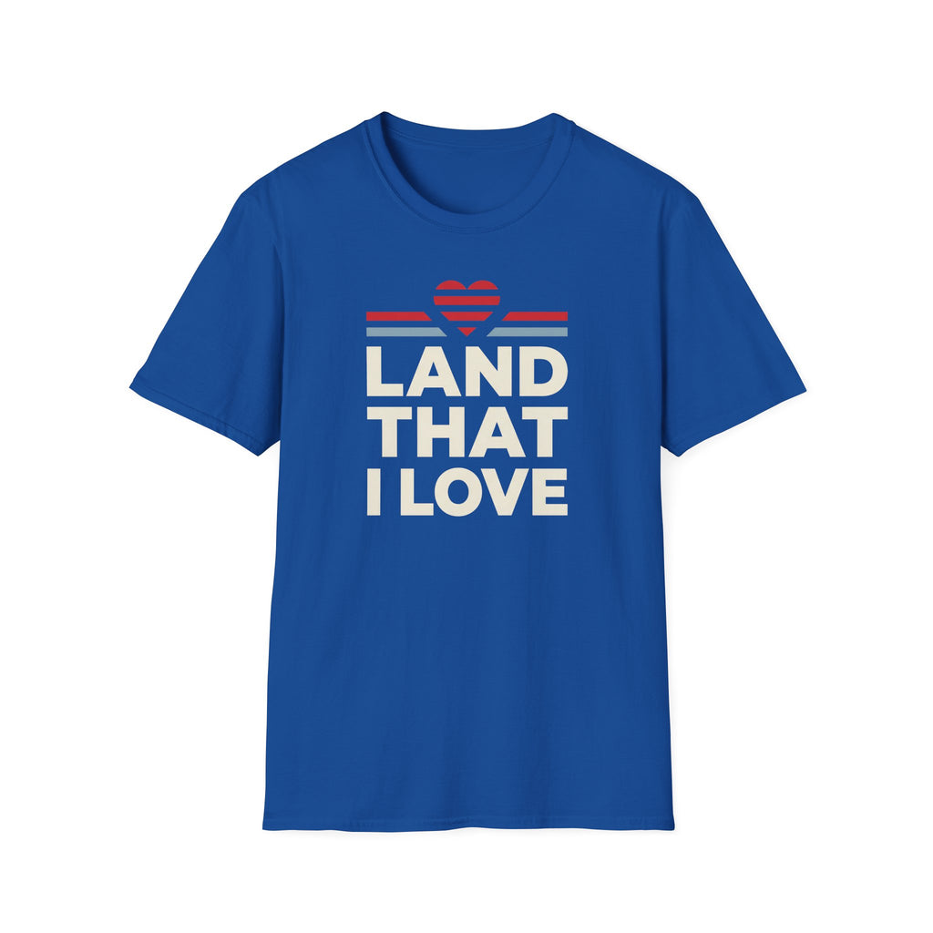 Royal blue graphic t-shirt, crewneck with 'LAND THAT I LOVE' text.