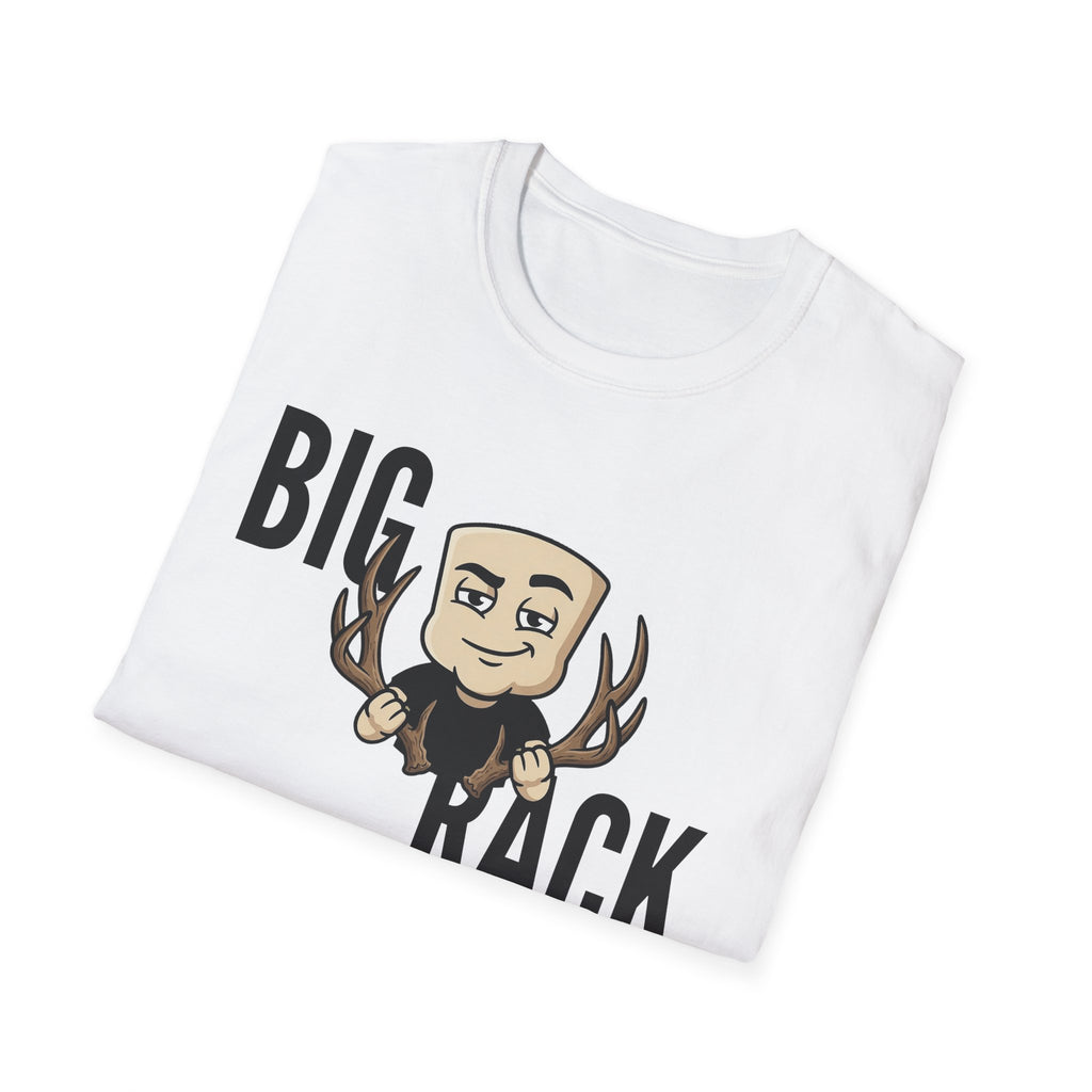 White T-shirt with “BIG RACK” graphic and cartoon hunter with antlers