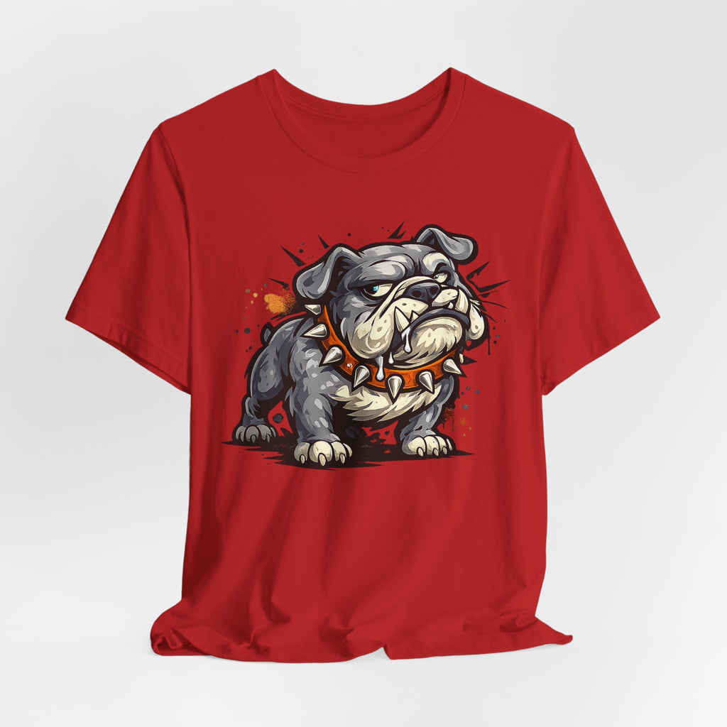 Red unisex t-shirt with centered fierce cartoon bulldog graphic