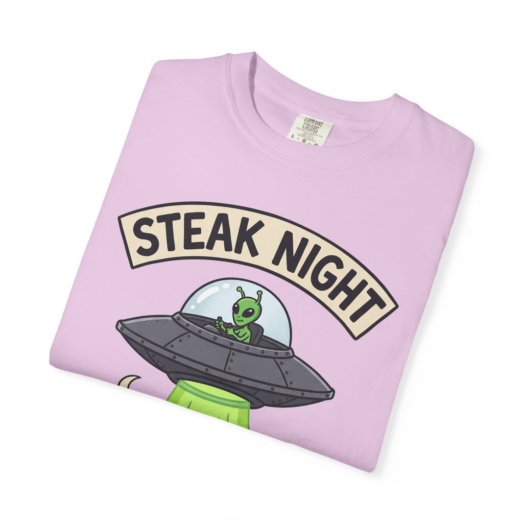 Light pink T-shirt with 'Steak Night' UFO and green alien cow graphic