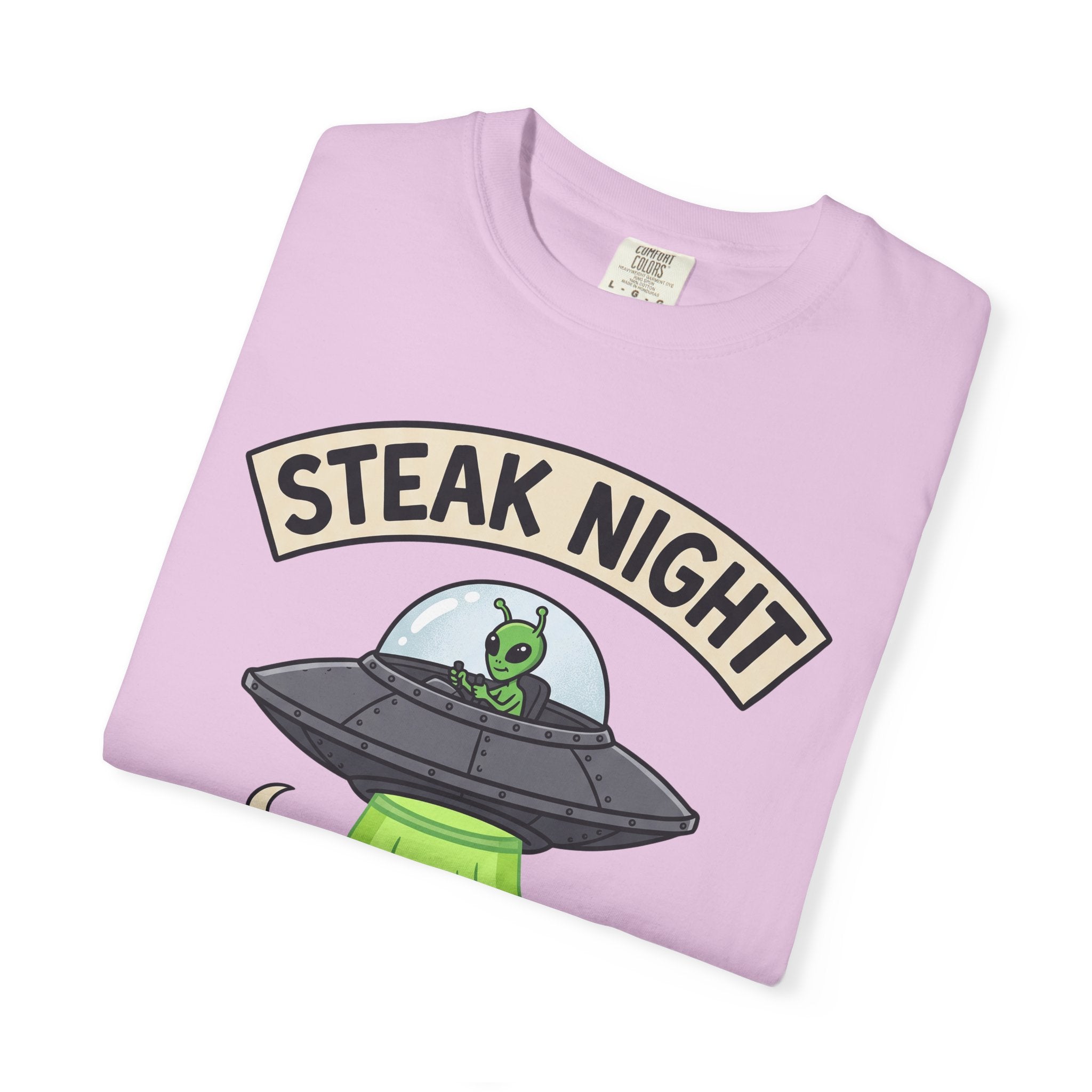 Light pink T-shirt with 'Steak Night' UFO and green alien cow graphic