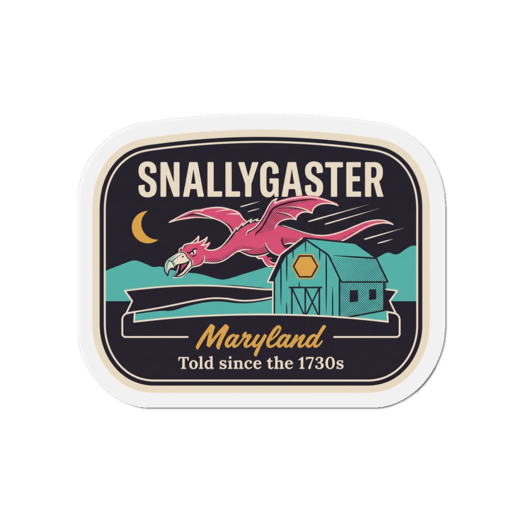 Die-cut Snallygaster Maryland refrigerator magnet, rounded square with white rim and dragon scene.