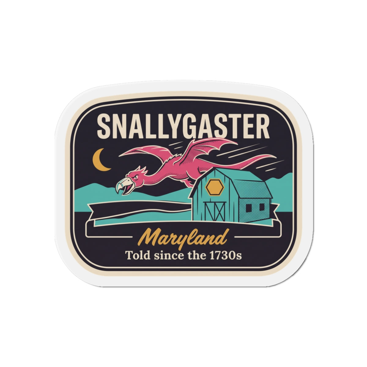 Die-cut Snallygaster Maryland refrigerator magnet, rounded square with white rim and dragon scene.