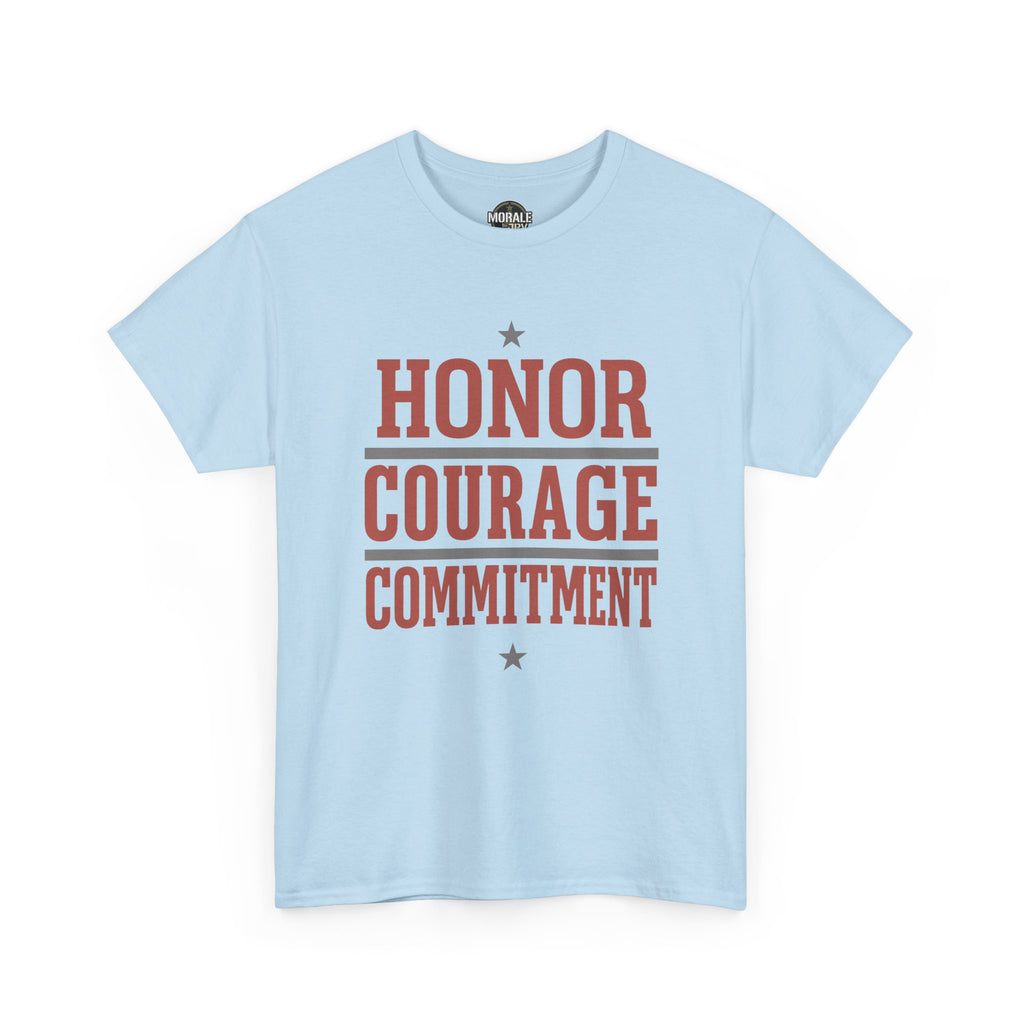 Light blue T-shirt with front graphic text "HONOR COURAGE COMMITMENT"