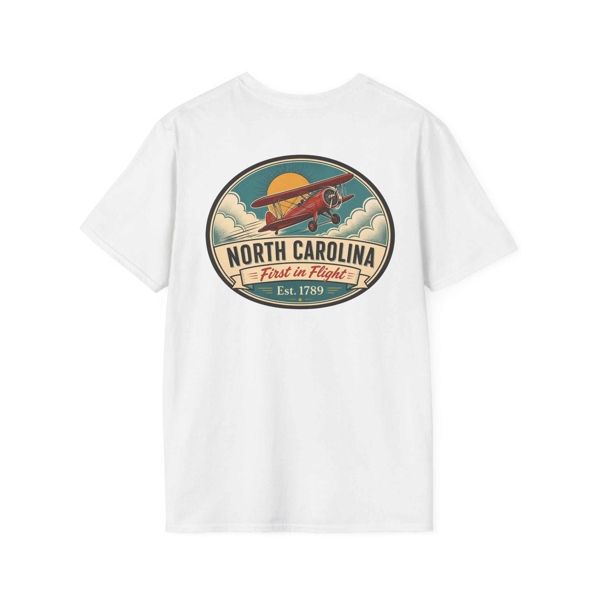 White T-shirt with North Carolina biplane oval graphic, crewneck short sleeves
