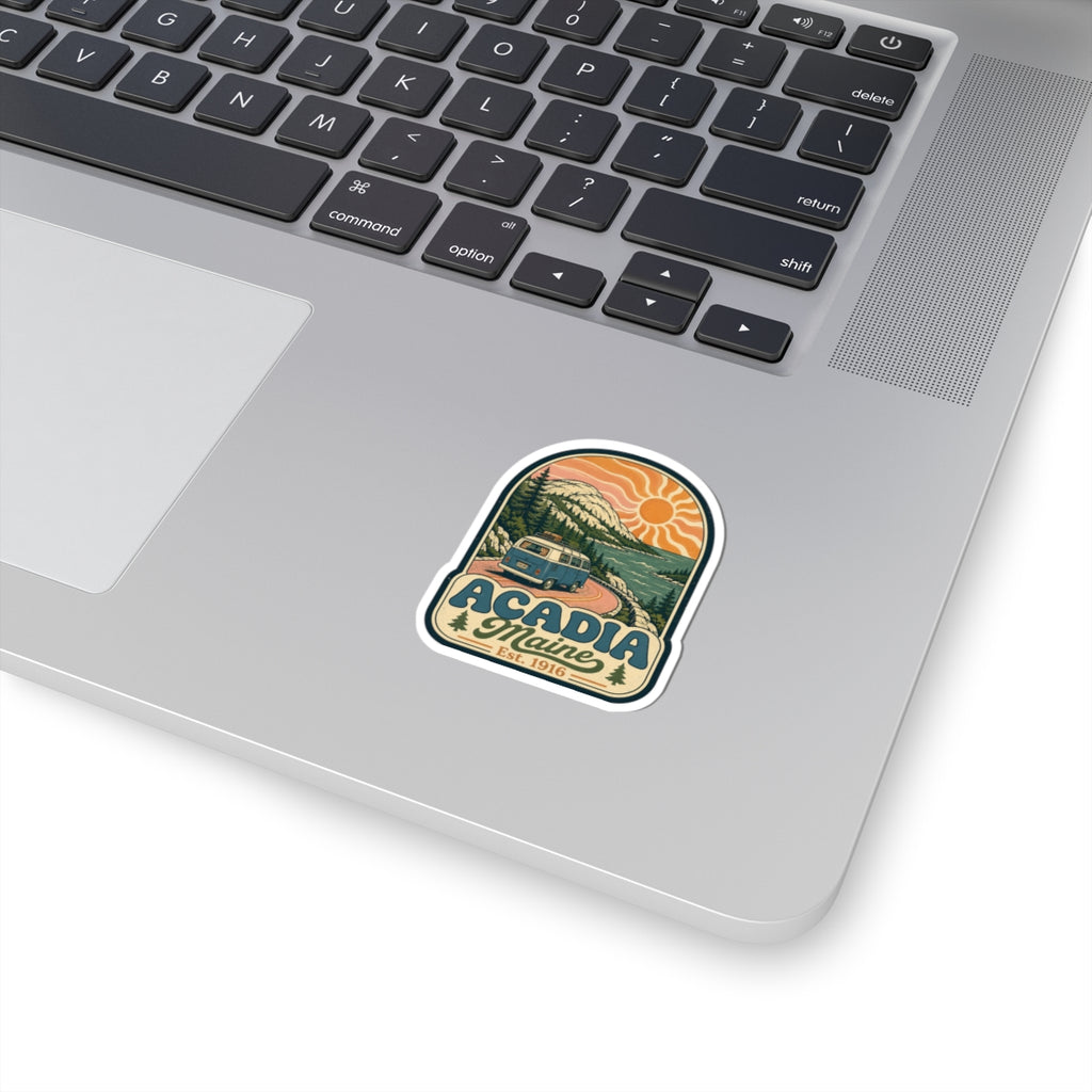 Die-cut Acadia National Park sticker with mountain and sun graphic