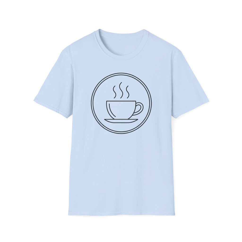 Light blue unisex t-shirt with front coffee cup and steam graphic inside a circle