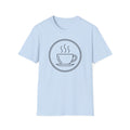 Light blue unisex t-shirt with front coffee cup and steam graphic inside a circle