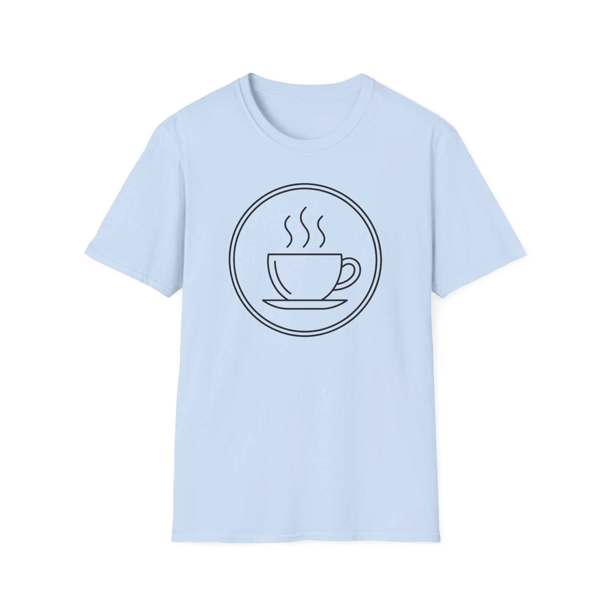 Light blue unisex t-shirt with front coffee cup and steam graphic inside a circle