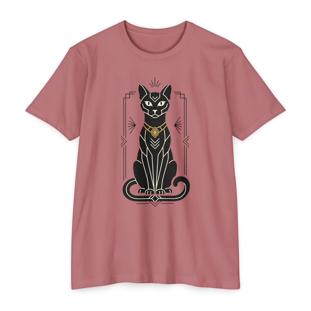 Rose/pink cat graphic t-shirt with standing Egyptian cat illustration on front