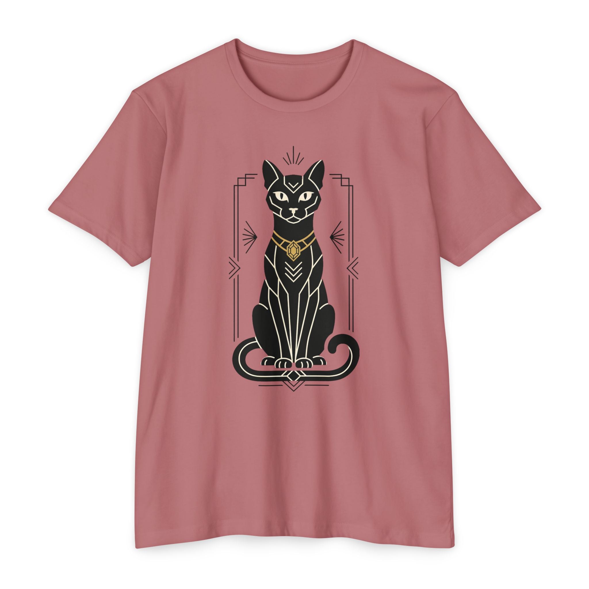 Rose/pink cat graphic t-shirt with standing Egyptian cat illustration on front