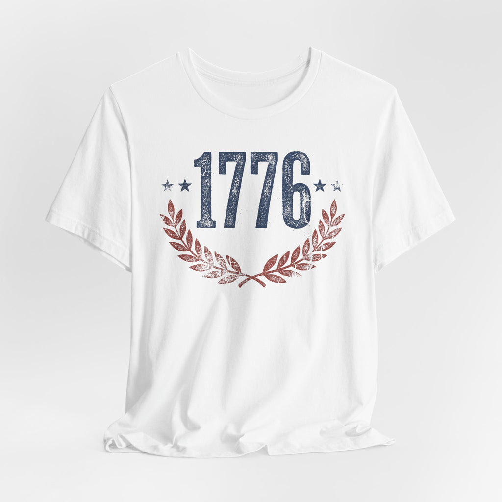 White T-shirt with “1776” centered graphic and laurel wreath