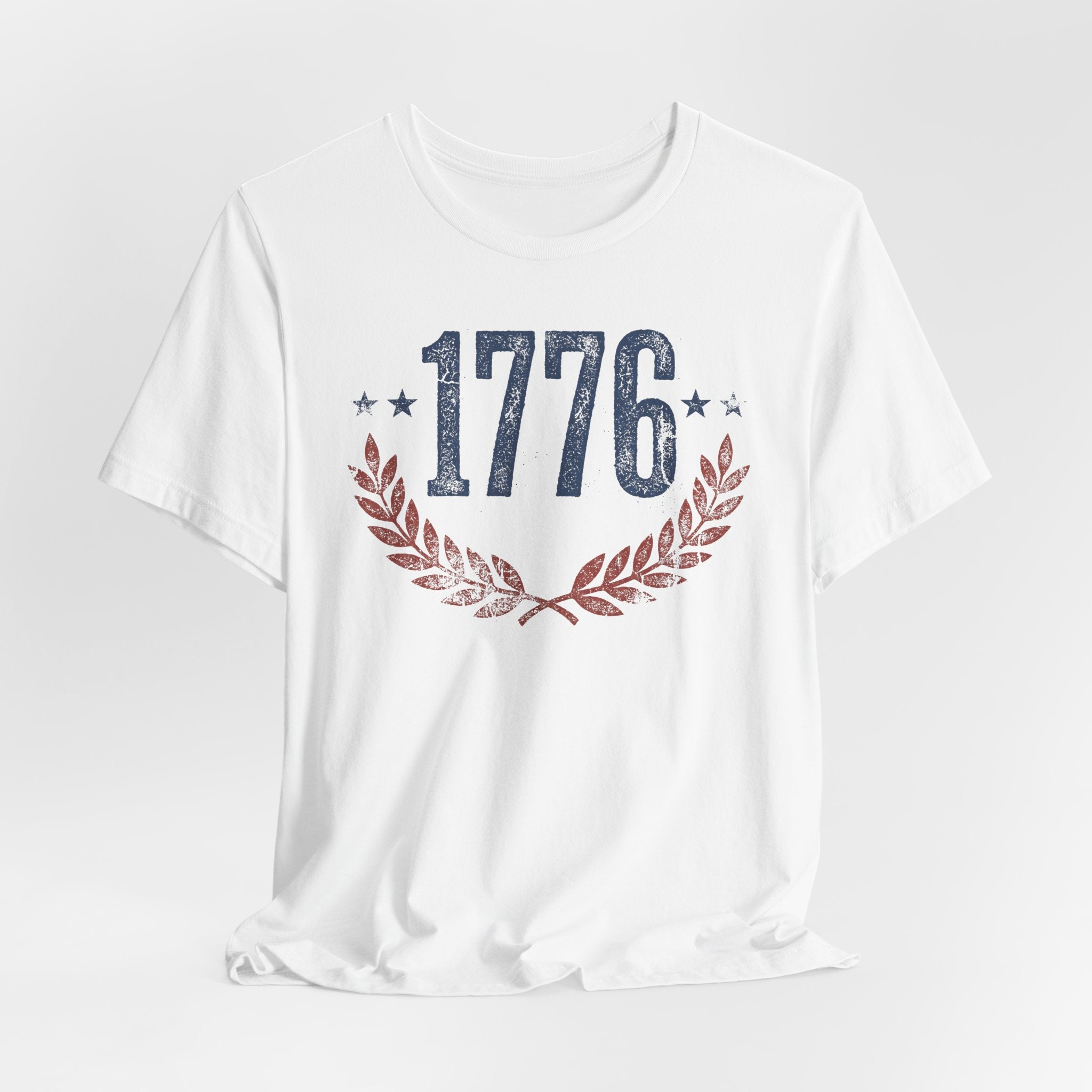 White T-shirt with “1776” centered graphic and laurel wreath