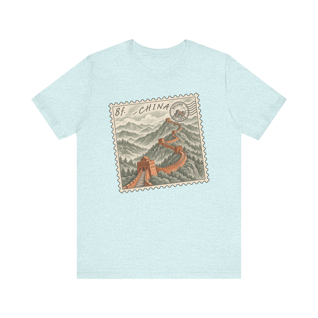 Light blue short-sleeve tee with vintage postage stamp graphic of the Great Wall