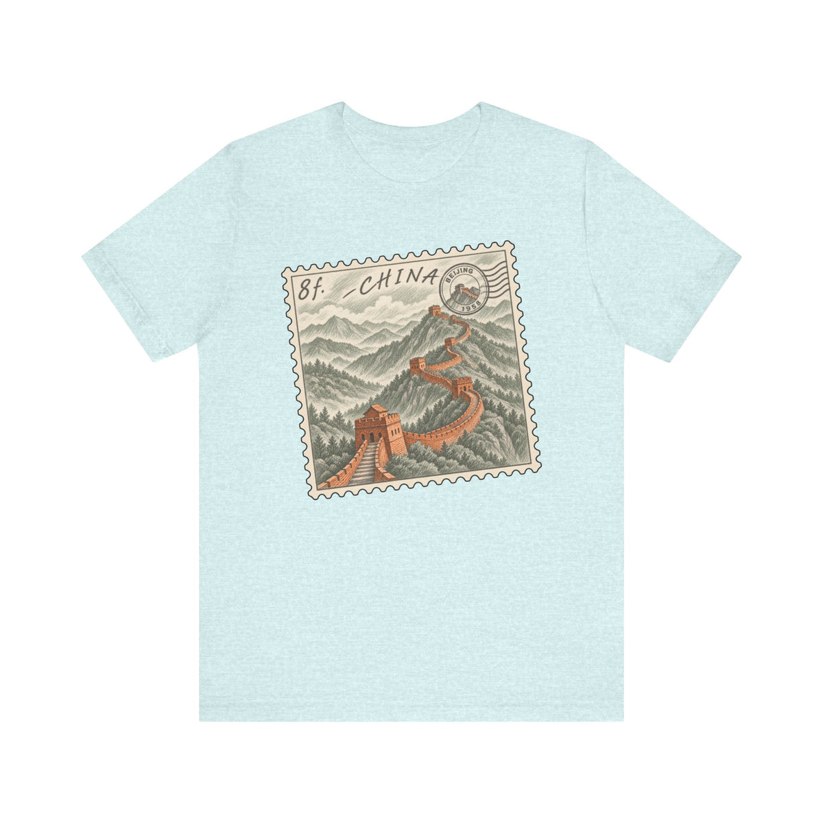 Light blue short-sleeve tee with vintage postage stamp graphic of the Great Wall