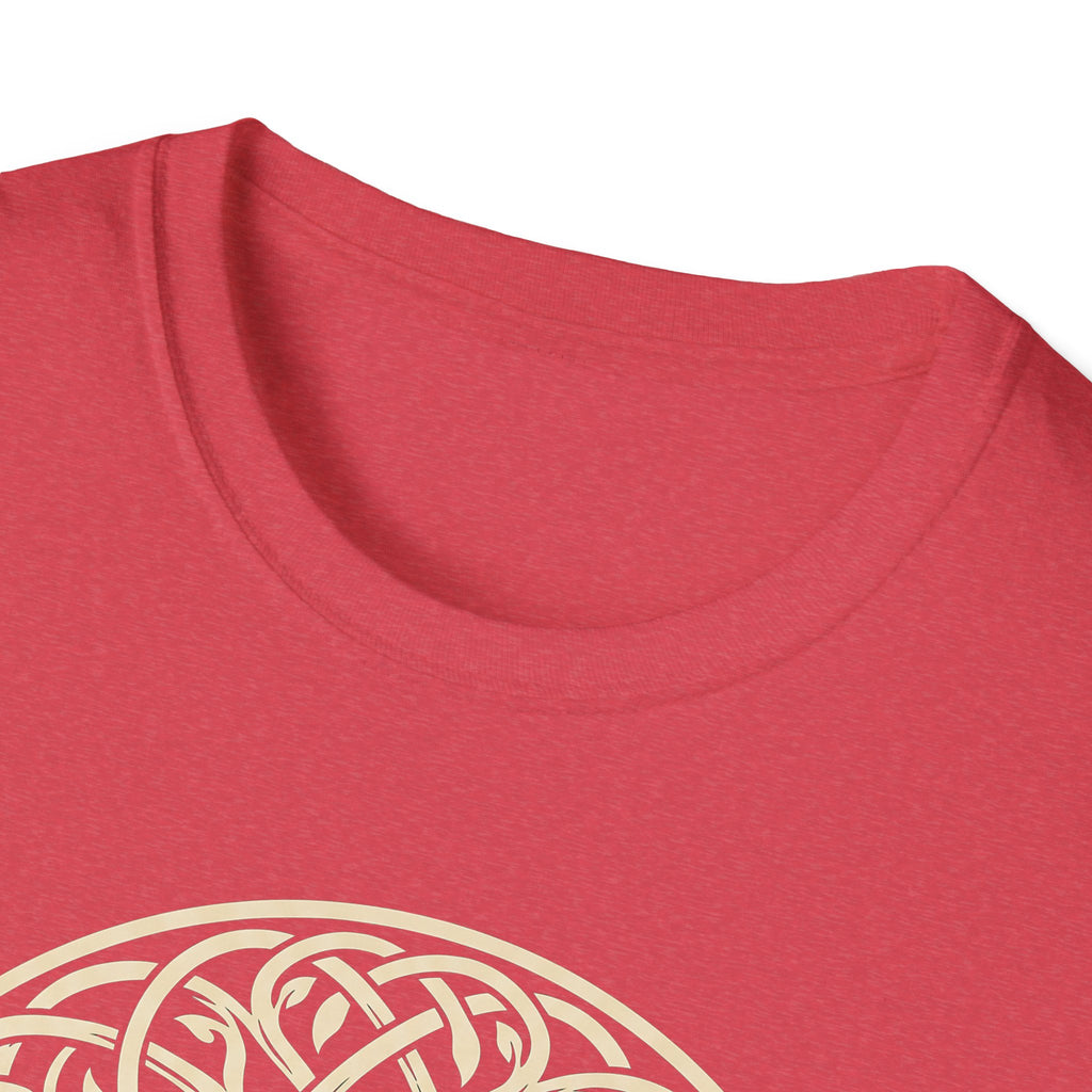 Heather Red Celtic Tree of Life T‑shirt, cream knotwork tree graphic close-up