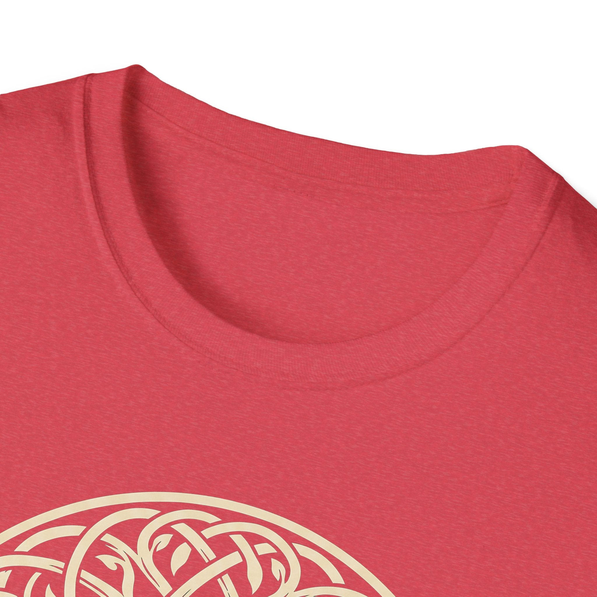 Heather Red Celtic Tree of Life T‑shirt, cream knotwork tree graphic close-up