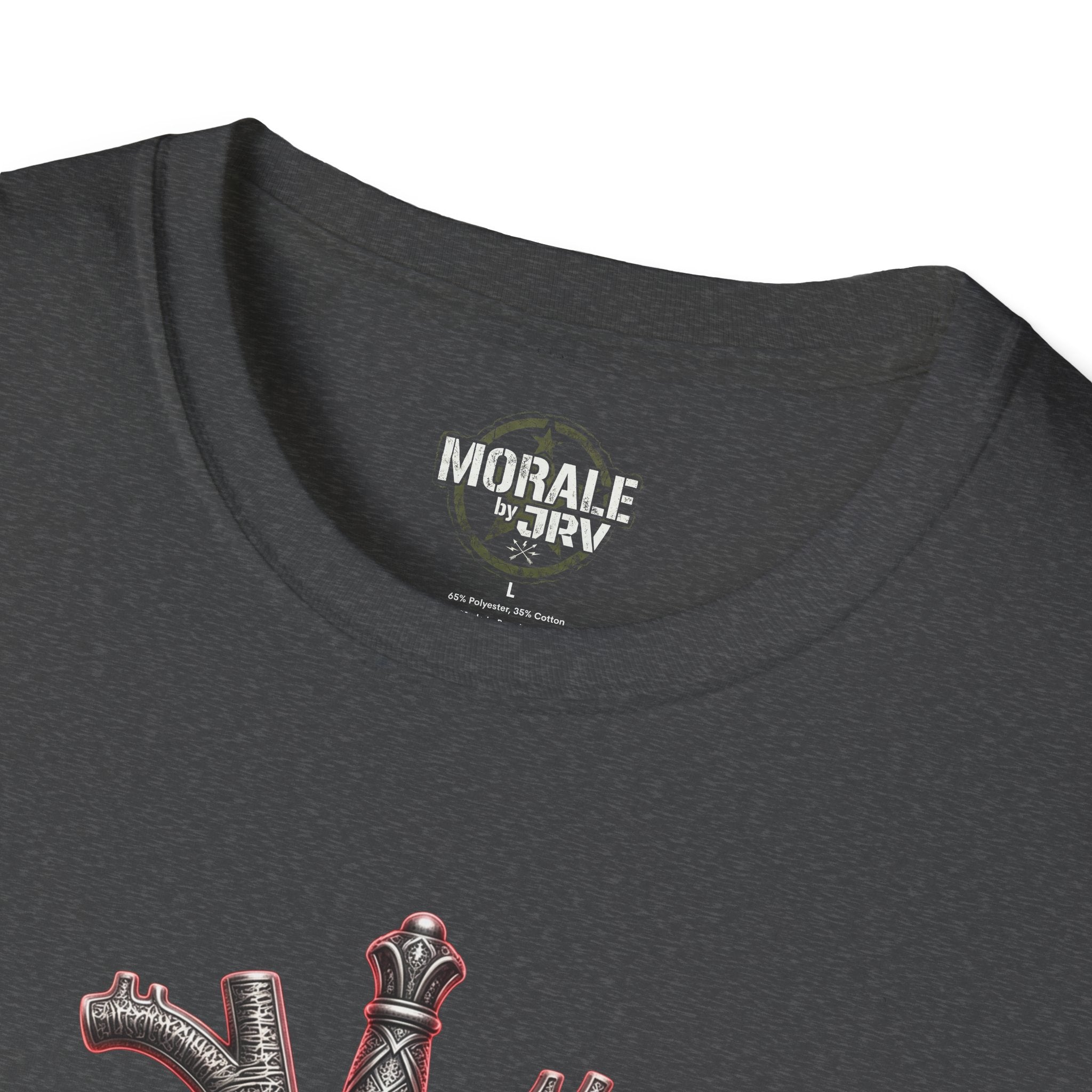 Dark heather T-shirt with gothic heart illustration at chest, crew neck