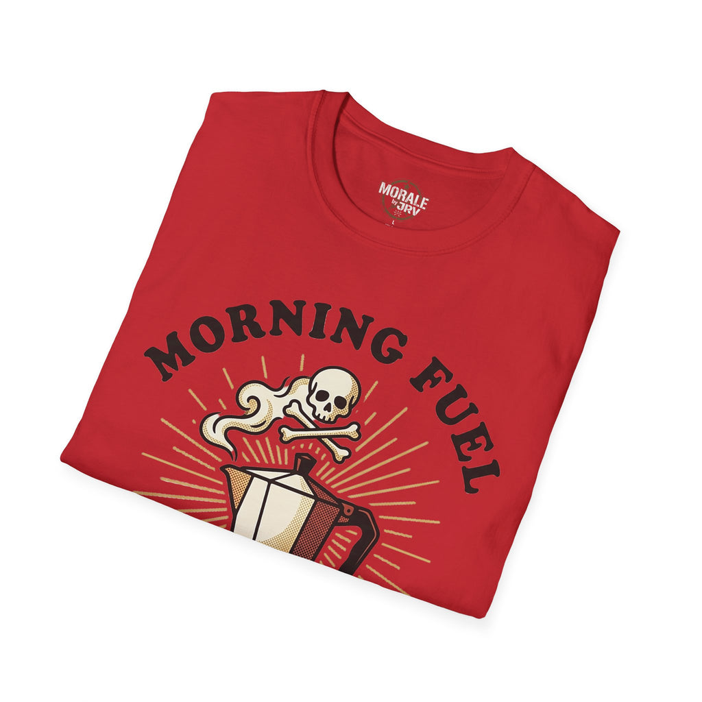 Red T-shirt with “MORNING FUEL” text and skull coffee mug graphic