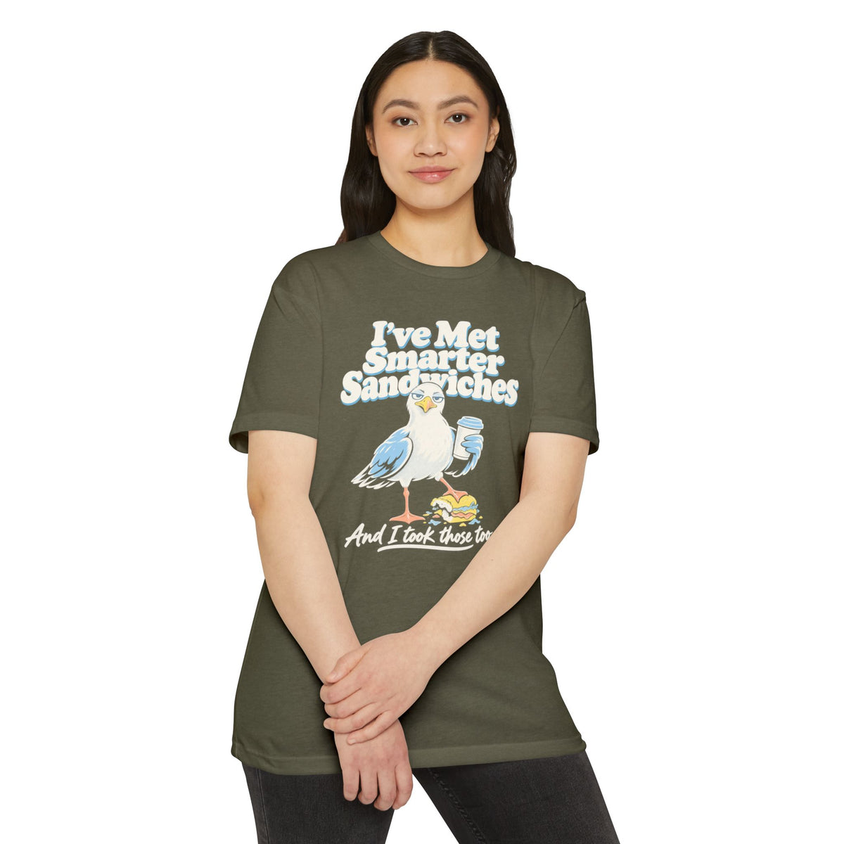 Olive green crewneck t-shirt with seagull sandwich graphic on front