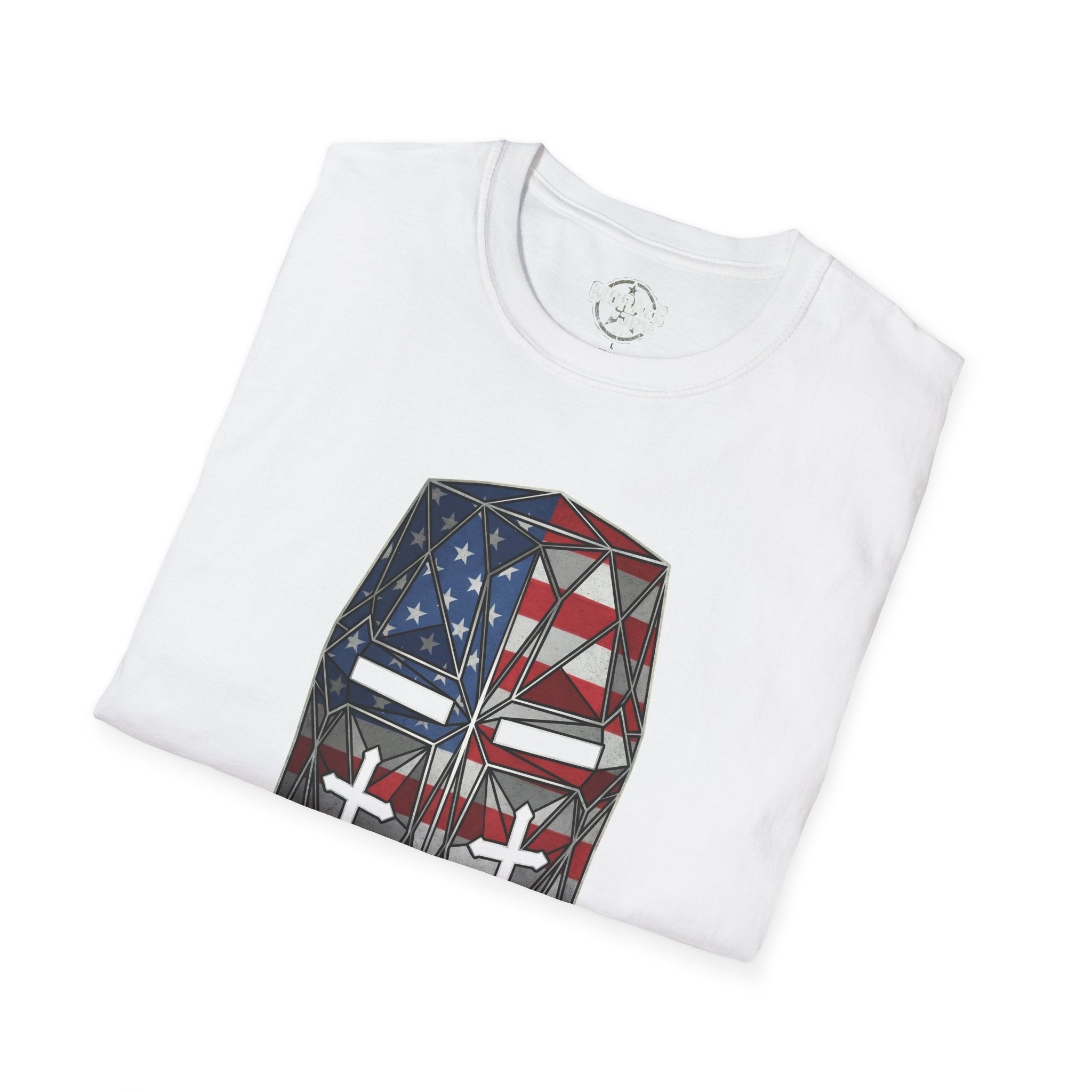 White T-shirt front close-up of crusader helmet flag graphic