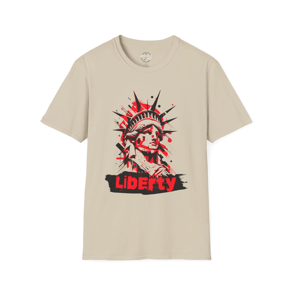 Liberty Statue graphic T-shirt, sand/beige; red-and-black “Liberty” chest print