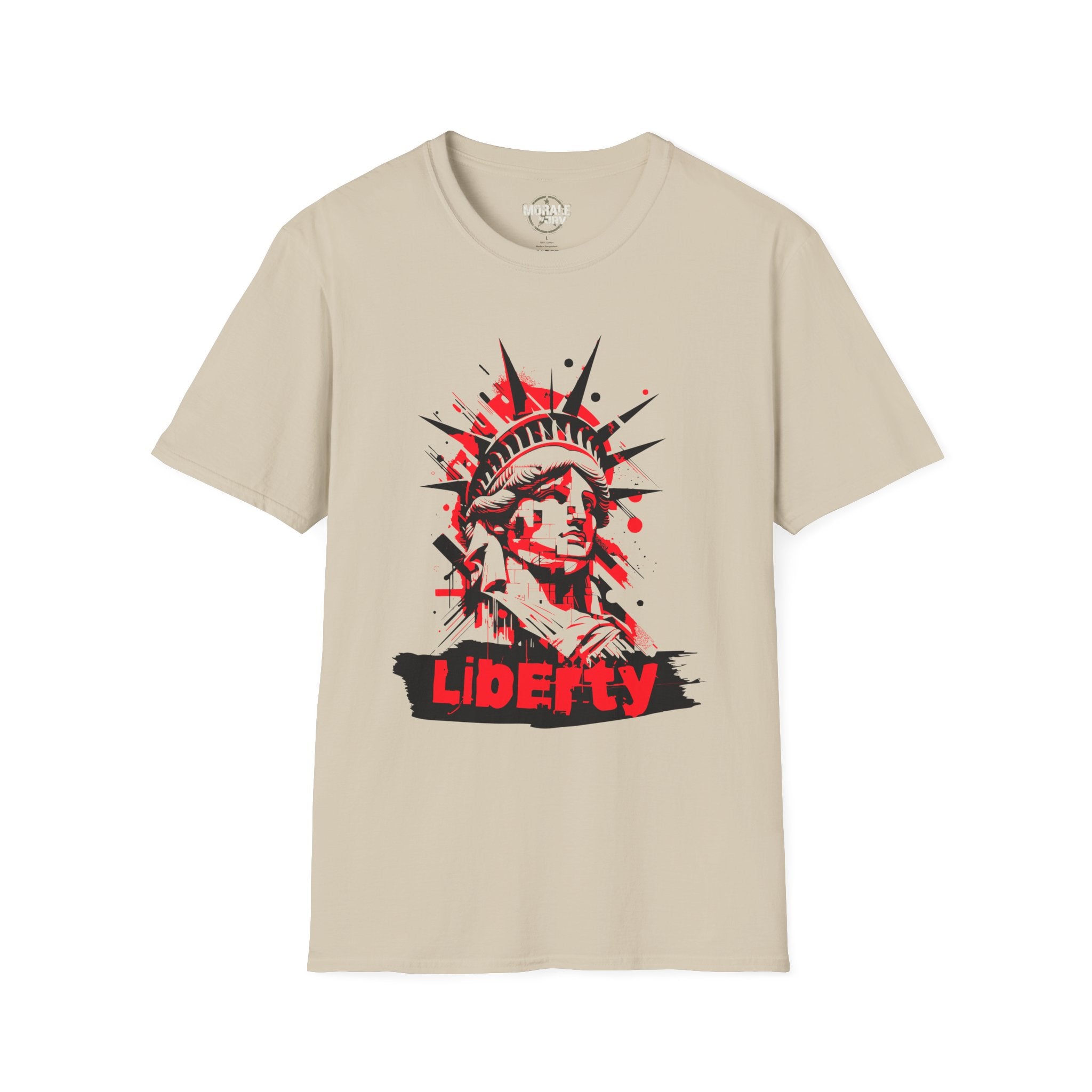 Liberty Statue graphic T-shirt, sand/beige; red-and-black “Liberty” chest print