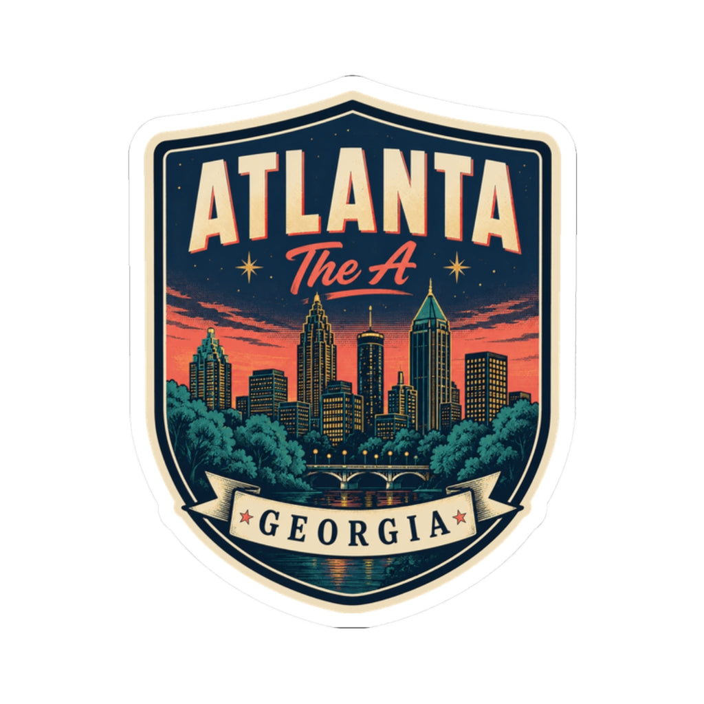 Atlanta Georgia luggage tag sticker, rounded shield with city skyline and 'ATLANTA'