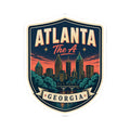 Atlanta Georgia luggage tag sticker, rounded shield with city skyline and 'ATLANTA'