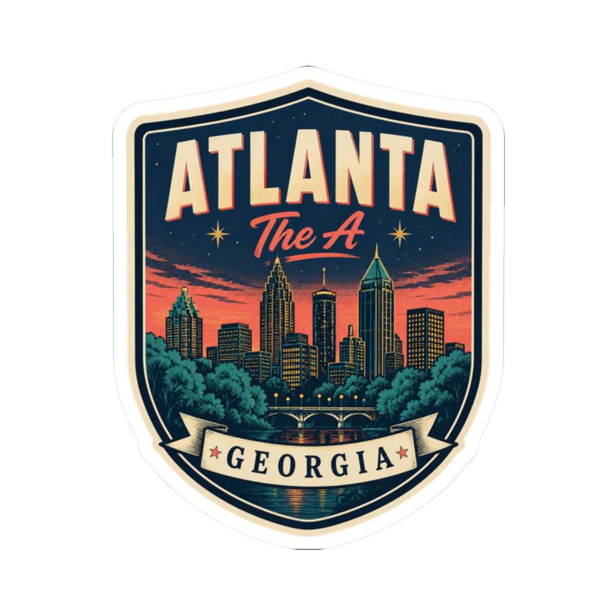 Atlanta Georgia luggage tag sticker, rounded shield with city skyline and 'ATLANTA'