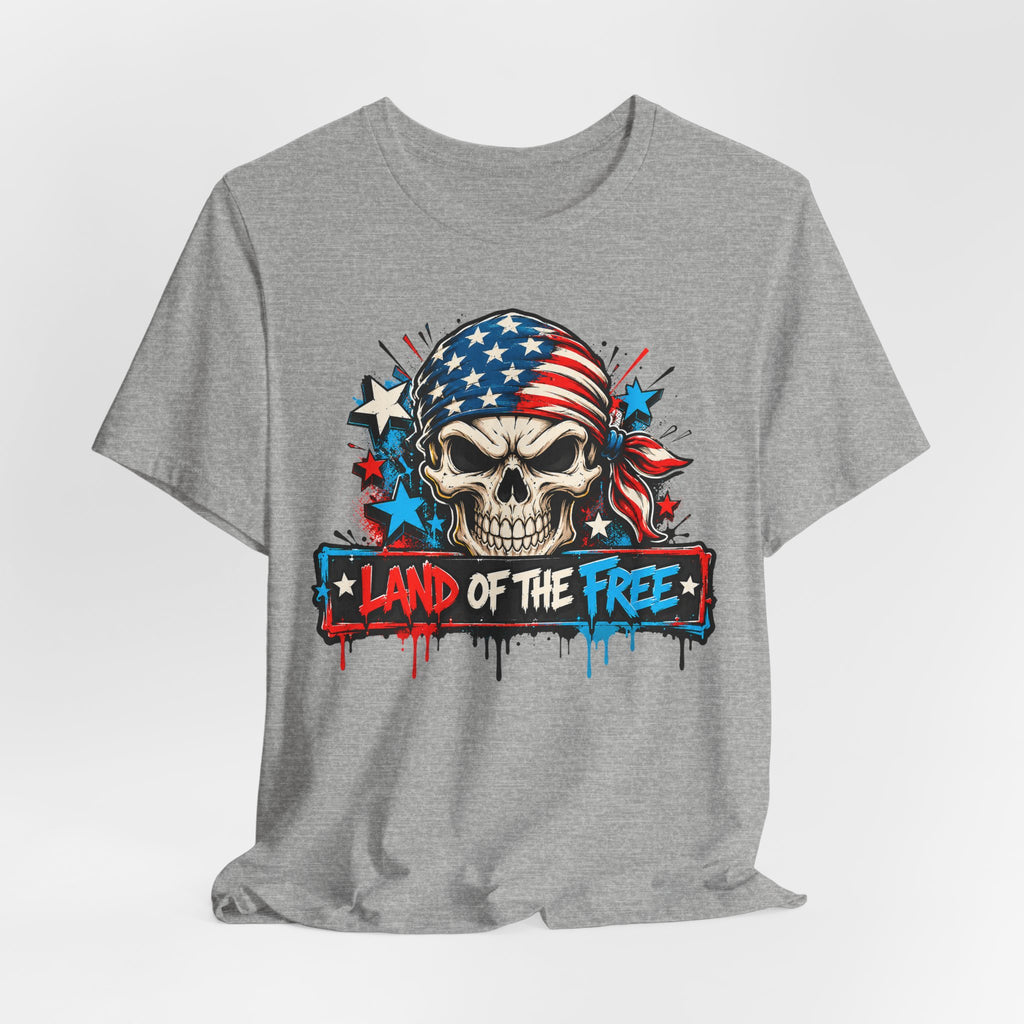 Heather gray crewneck T-shirt with patriotic skull and flag graphic and “Land of the Free”