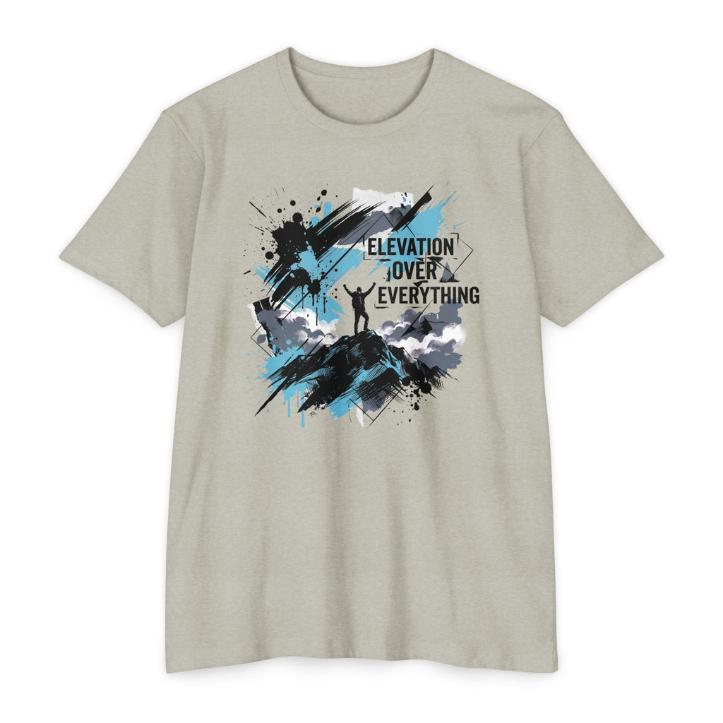 Light gray crewneck T-shirt with blue and white mountain graphic