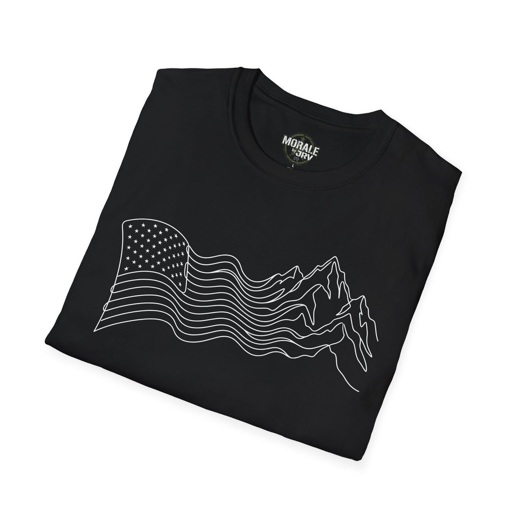 Black T-shirt with mountain line-art skyline, wave stripes, and star flag graphic