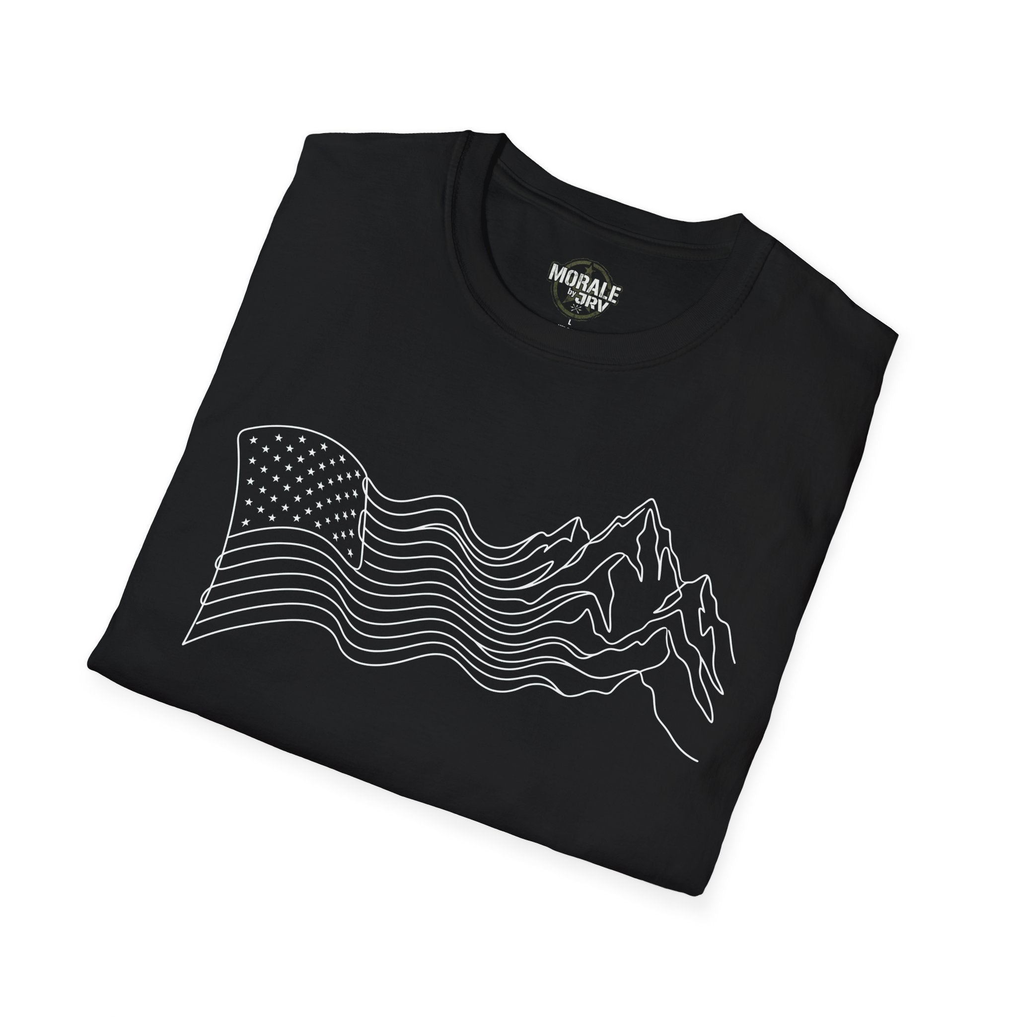 Black T-shirt with mountain line-art skyline, wave stripes, and star flag graphic