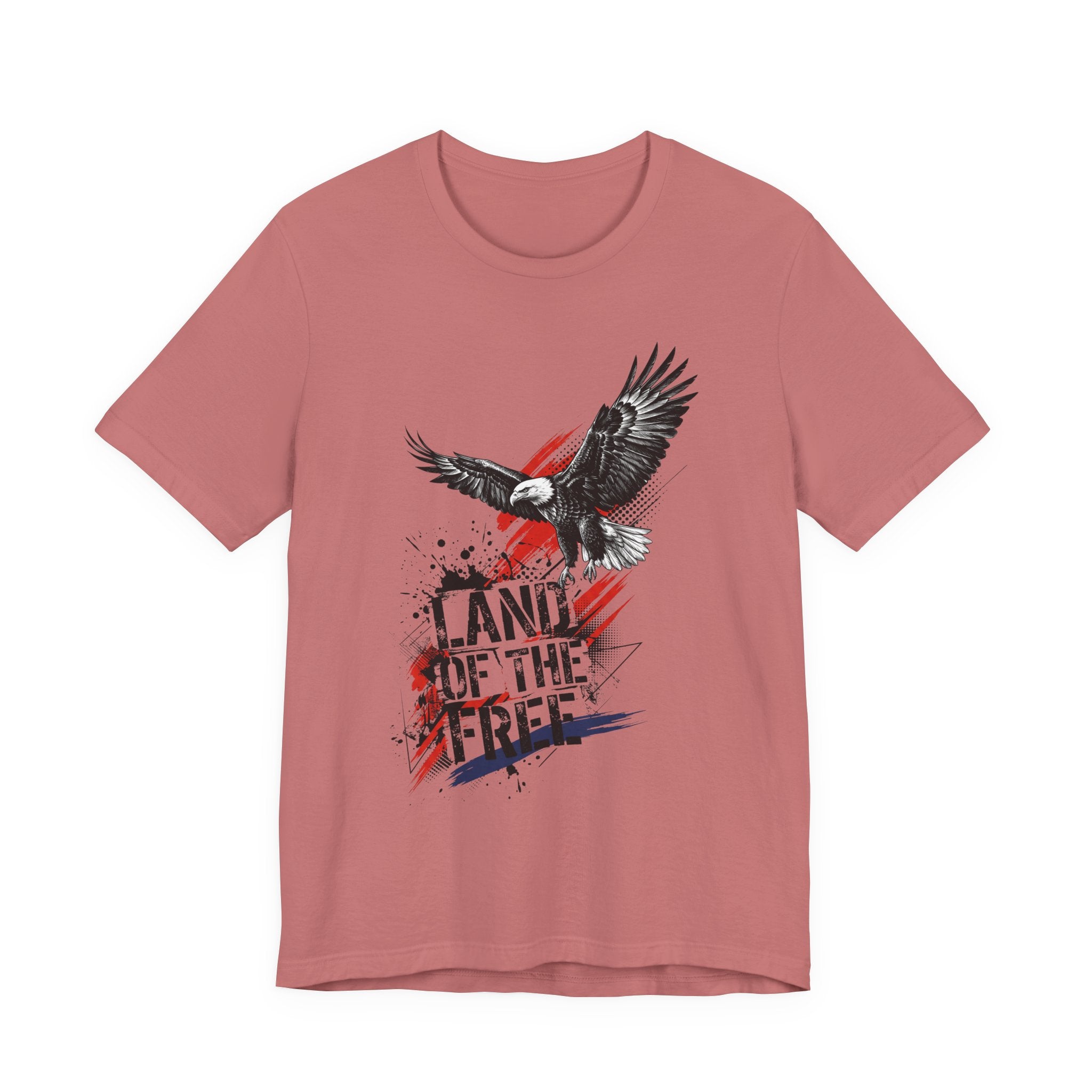 Dusty rose eagle graphic t-shirt with distressed "Land of the Free" text and flag accents