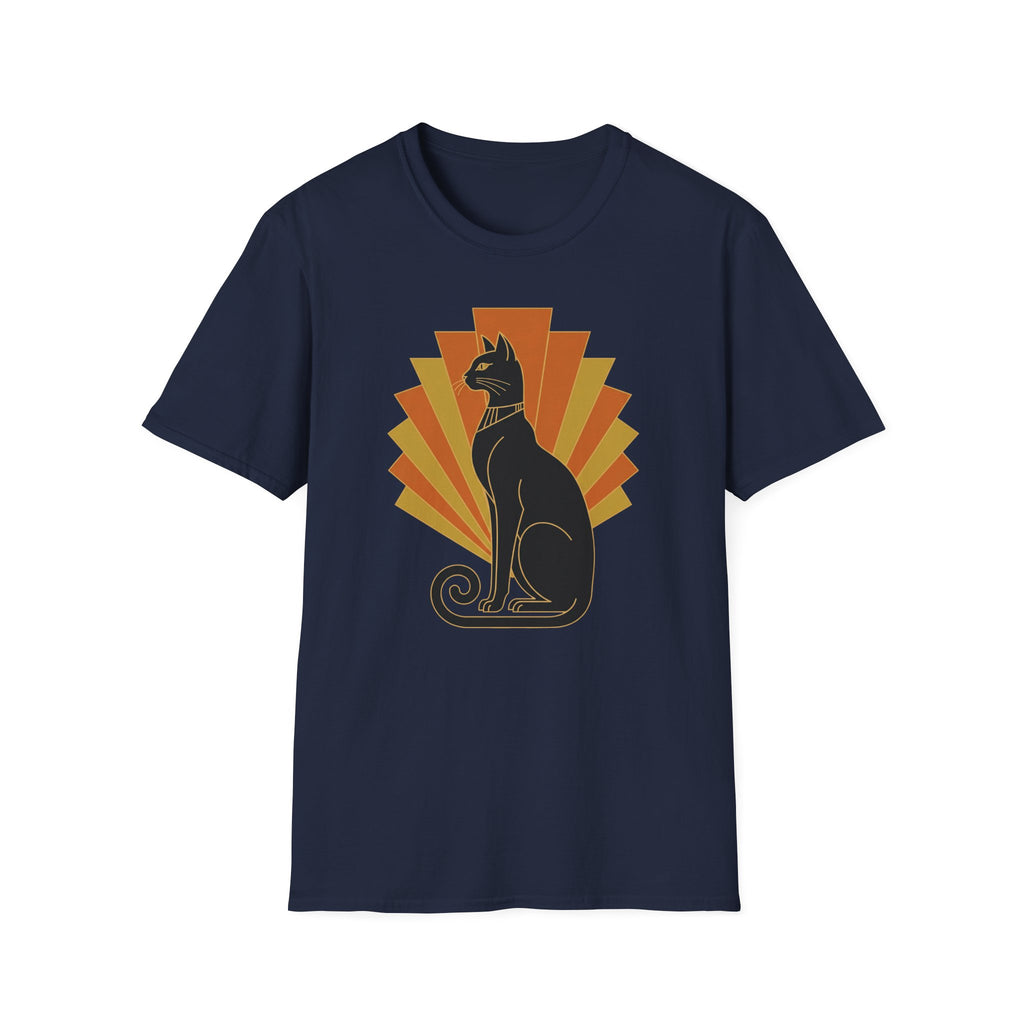 Navy short-sleeve cat graphic T-shirt with orange-yellow sunburst print