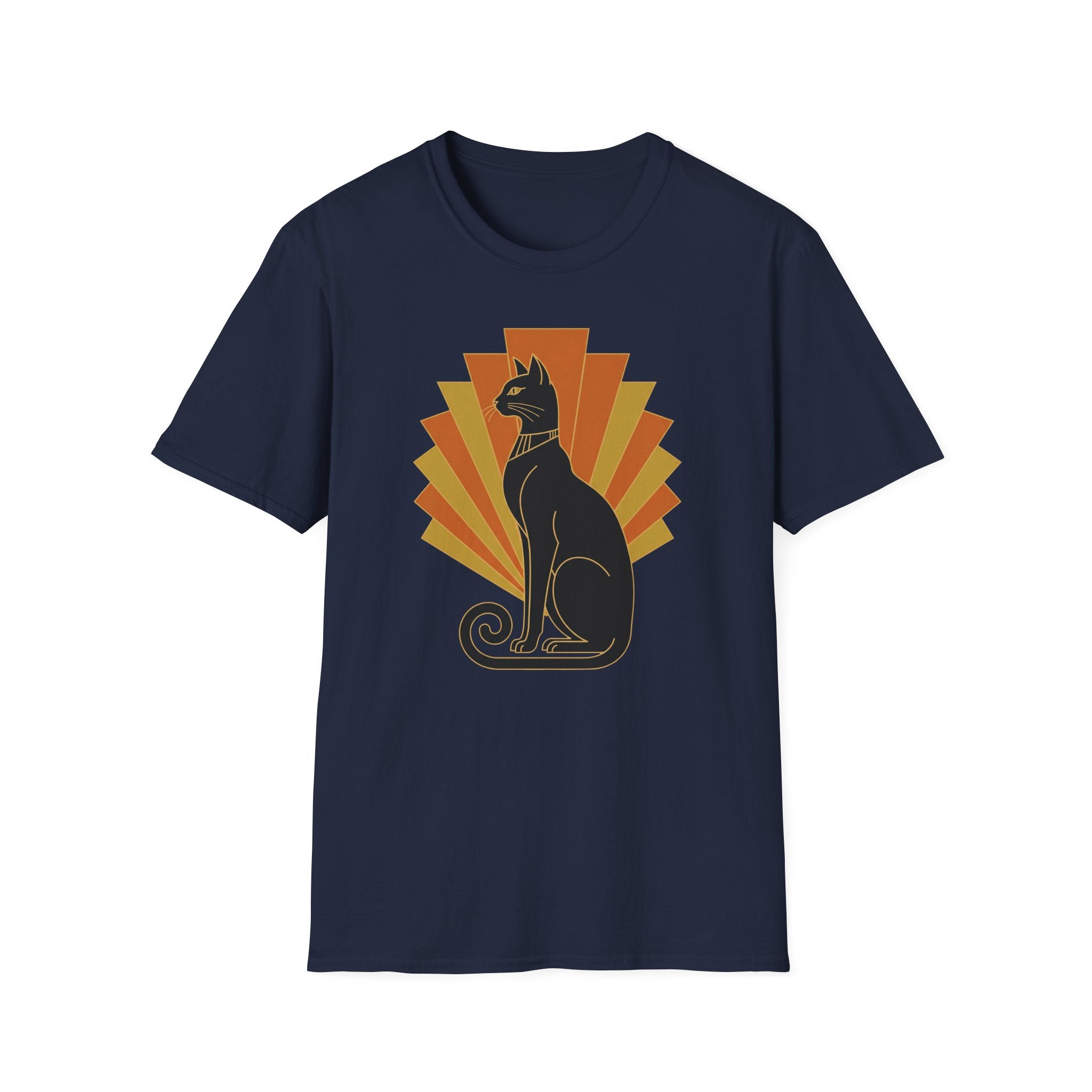 Navy short-sleeve cat graphic T-shirt with orange-yellow sunburst print