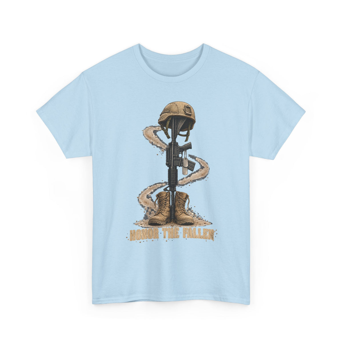 Light blue graphic t-shirt with soldier and rifle emblem on front.