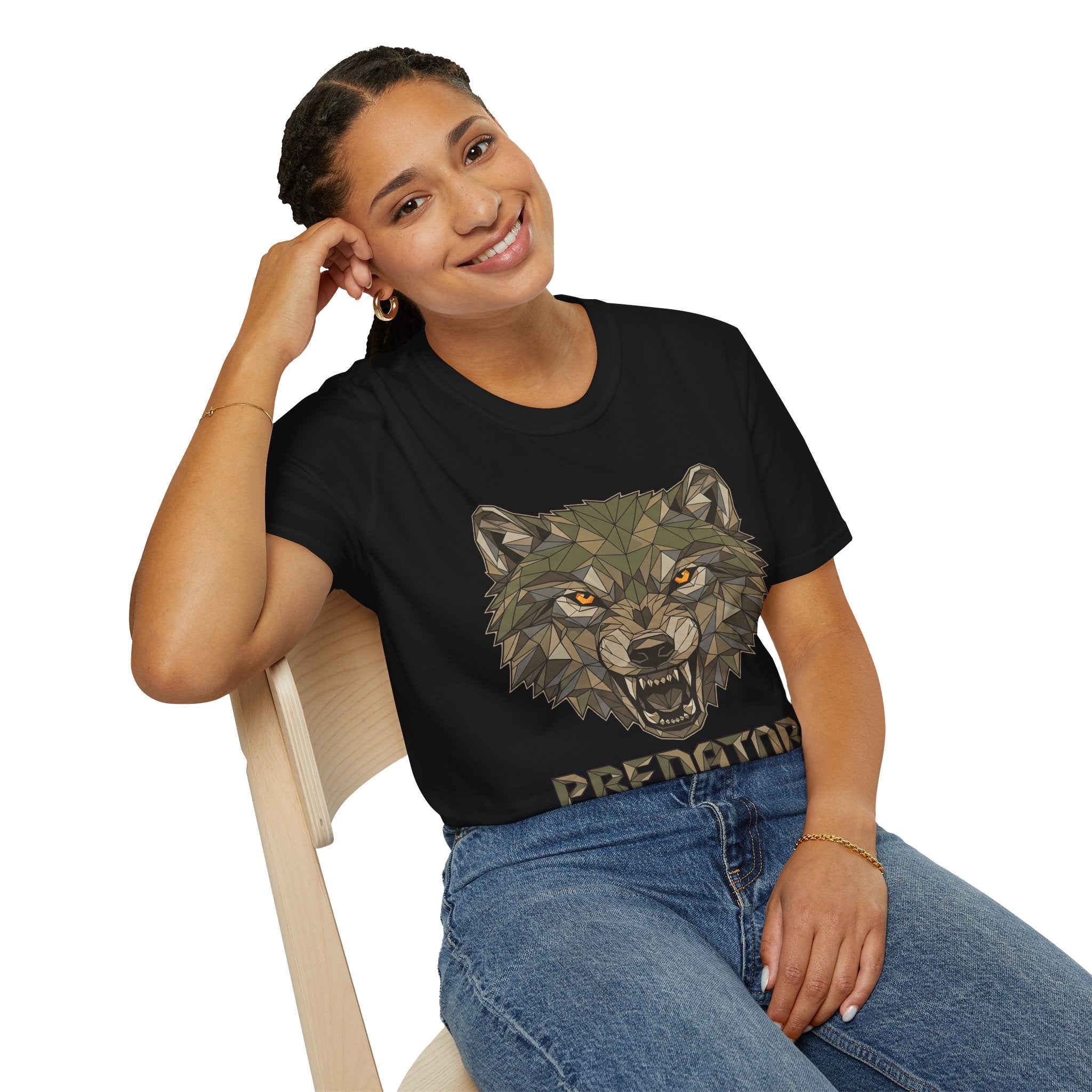 Geometric wolf-head predator T-shirt, black, front graphic visible