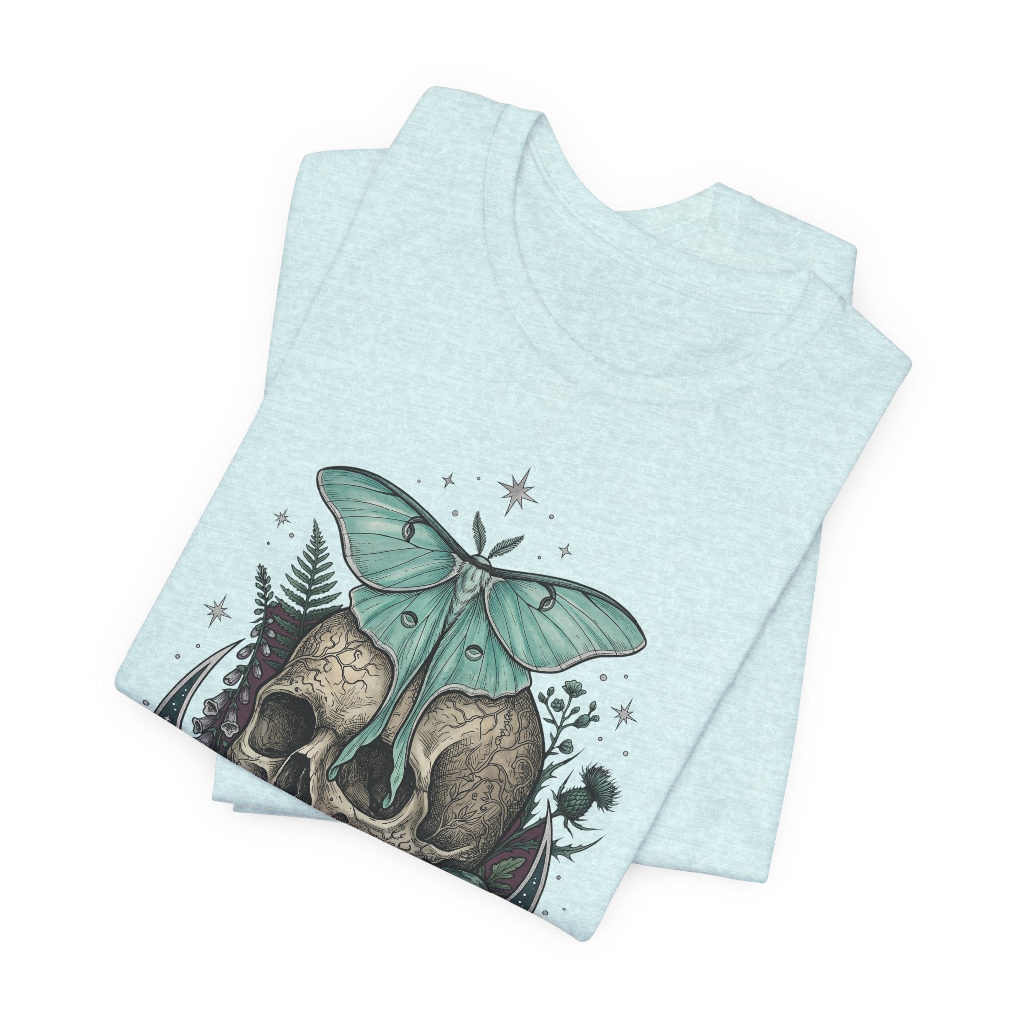 Hellblaues T-Shirt mit Moth- und Skull-Print in Türkis und dunkelgrünen Details