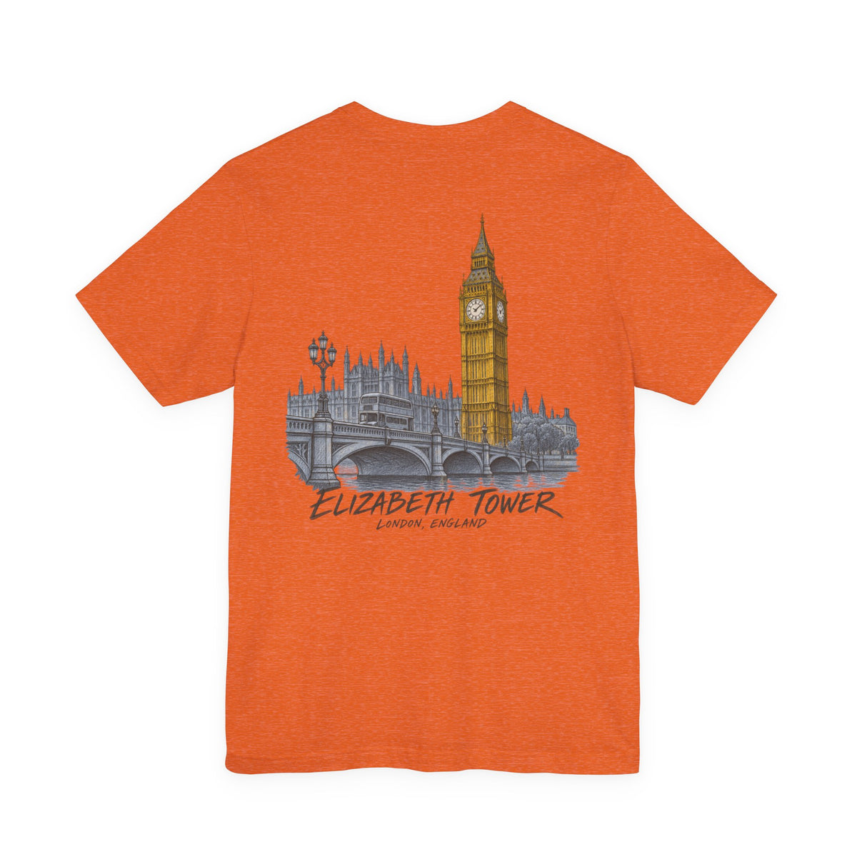 Orange crew-neck T-shirt with Elizabeth Tower skyline graphic on front