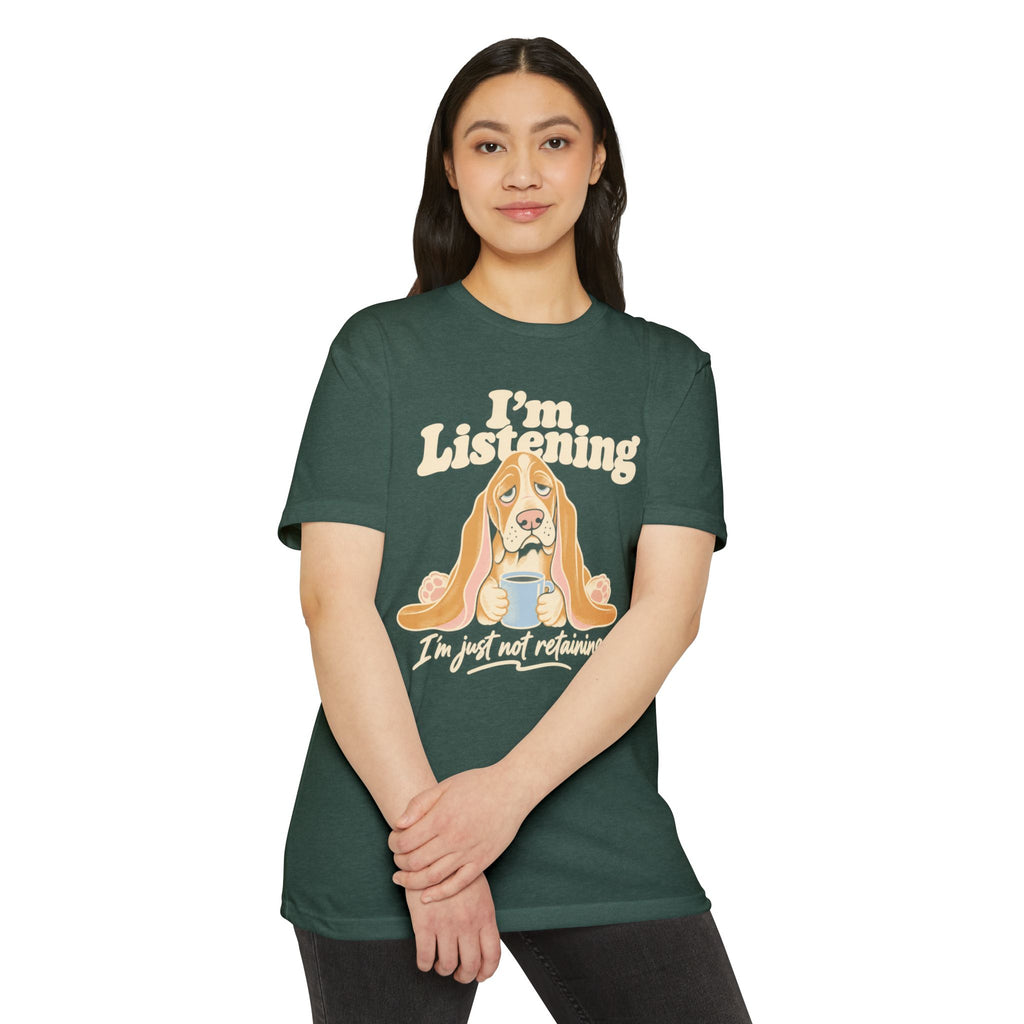 Forest green short-sleeve T-shirt with basset hound listening graphic and text print