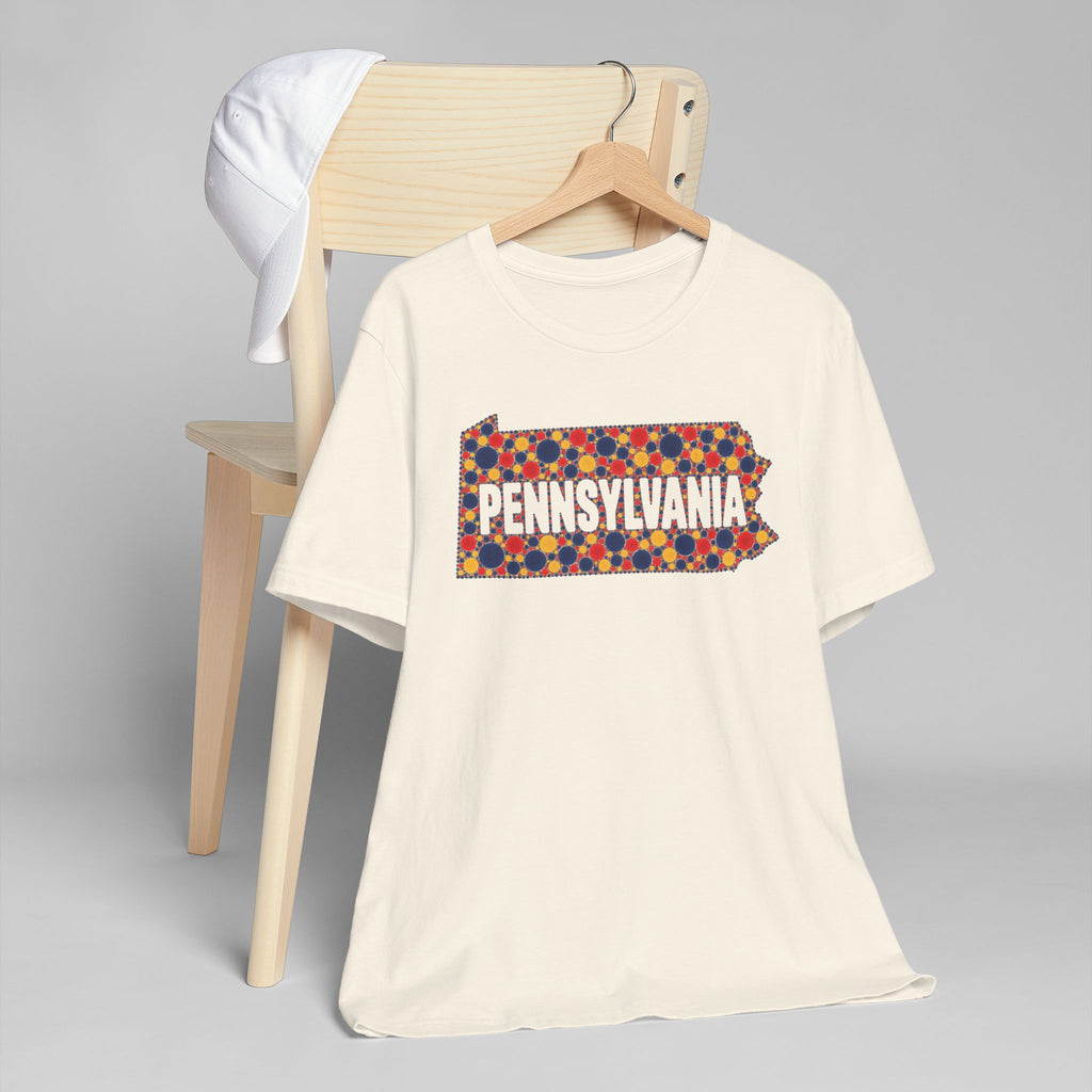Natural crewneck T-shirt with colorful Pennsylvania text and floral map graphic
