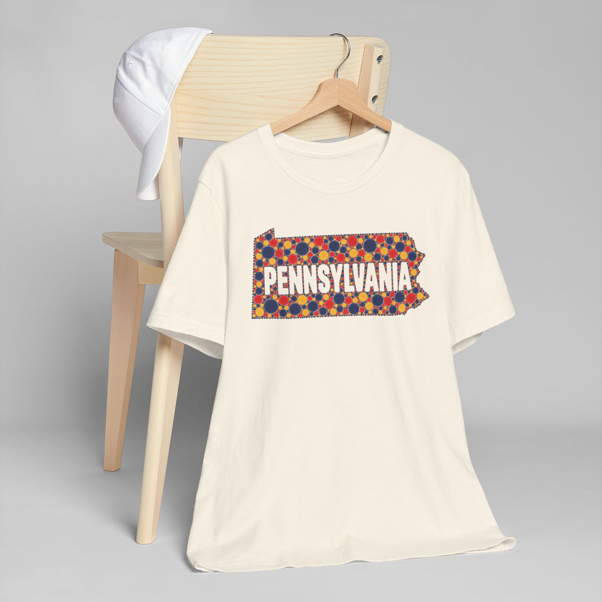 Natural crewneck T-shirt with colorful Pennsylvania text and floral map graphic