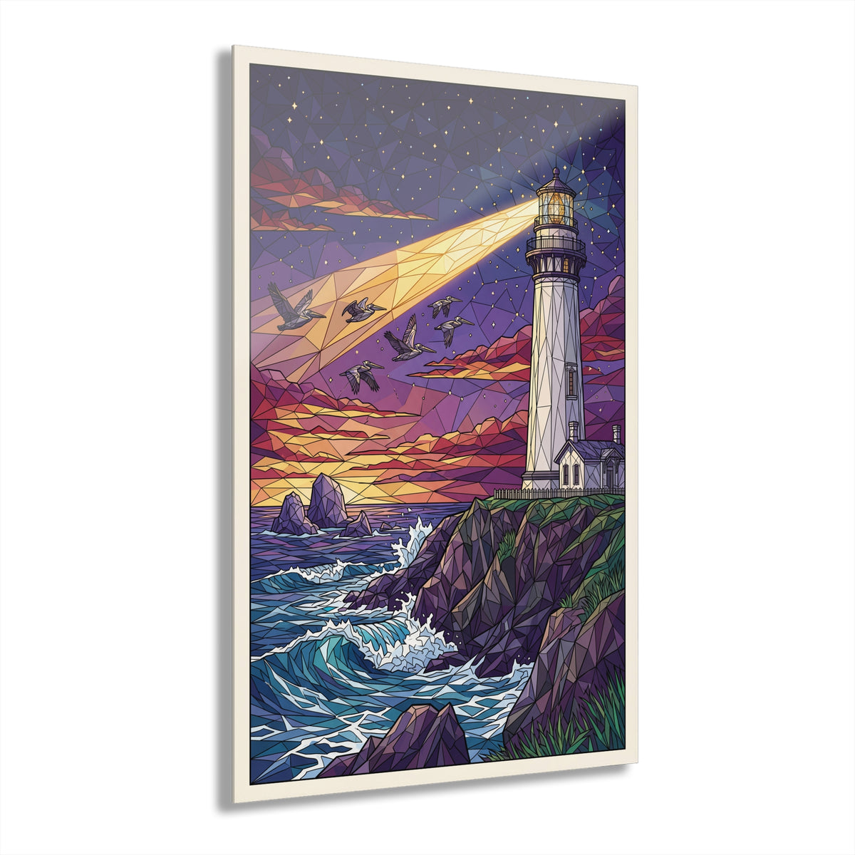Coastal lighthouse wall art with geometric ocean and sunset, framed in light wood