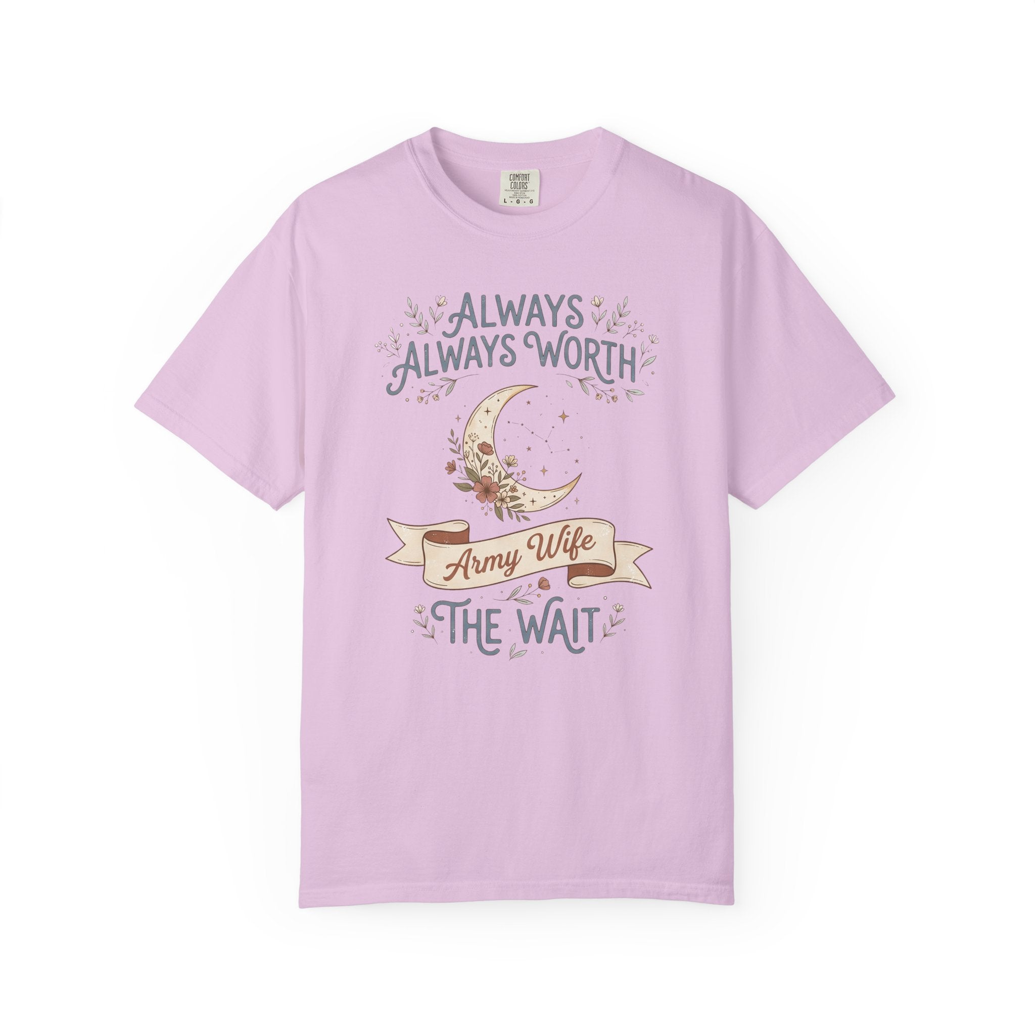 Lavender crewneck T-shirt with moon and “Always Worth the Wait” graphic