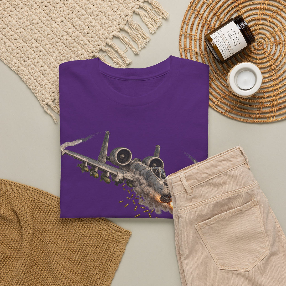 Purple crewneck T-shirt with jet attack graphic